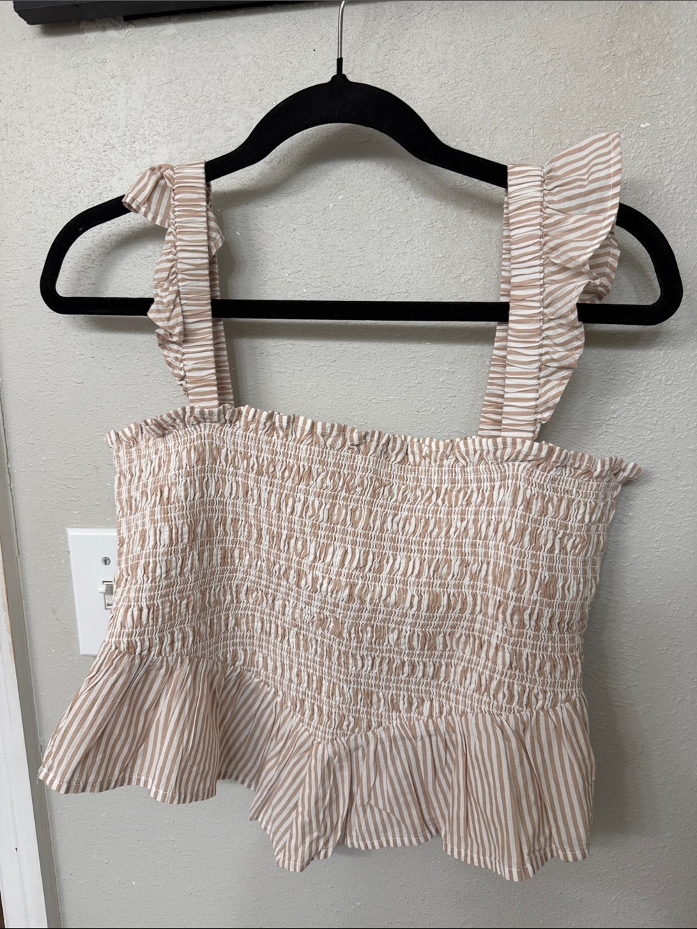 American Eagle Outfitters Beige and White Striped Smocked Ruffle Camisole